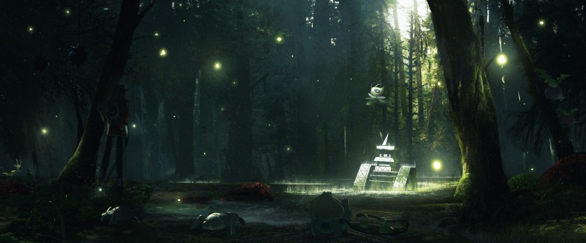 1other absurdres asteroid_ill branch budew bulbasaur celebi forest gen_1_pokemon gen_2_pokemon gen_3_pokemon gen_4_pokemon gen_8_pokemon highres hoppip legendary_pokemon light mythical_pokemon nature nincada nintendo orbeetle pineco pokemon pokemon_(creature) scenery silhouette solo_focus standing surskit temple tree tree_shade