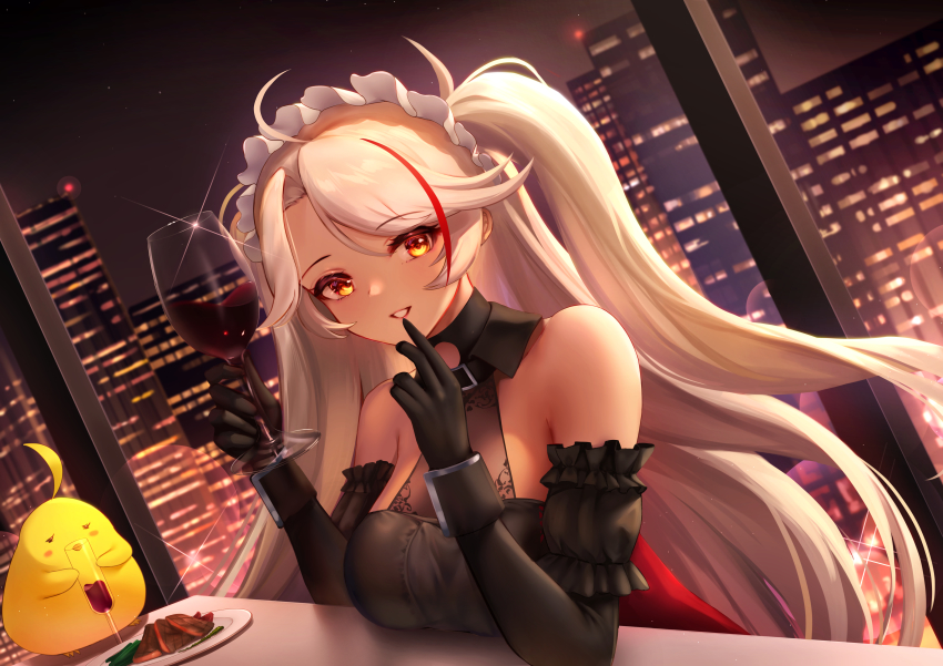 1girl absurdres azur_lane black_dress building champagne_flute cityscape commentary cup detached_sleeves dress drinking_glass elbow_gloves food gloves grin halter_dress halterneck highres indoors long_hair looking_at_viewer maid_headdress manjuu_(azur_lane) multicolored_hair night prinz_eugen_(azur_lane) prinz_eugen_(kindred_evening_spirits)_(azur_lane) red_hair red_lips sakurahuji-iro sitting skyscraper smile solo steak streaked_hair swept_bangs table two_side_up very_long_hair white_hair window wine_glass yellow_eyes