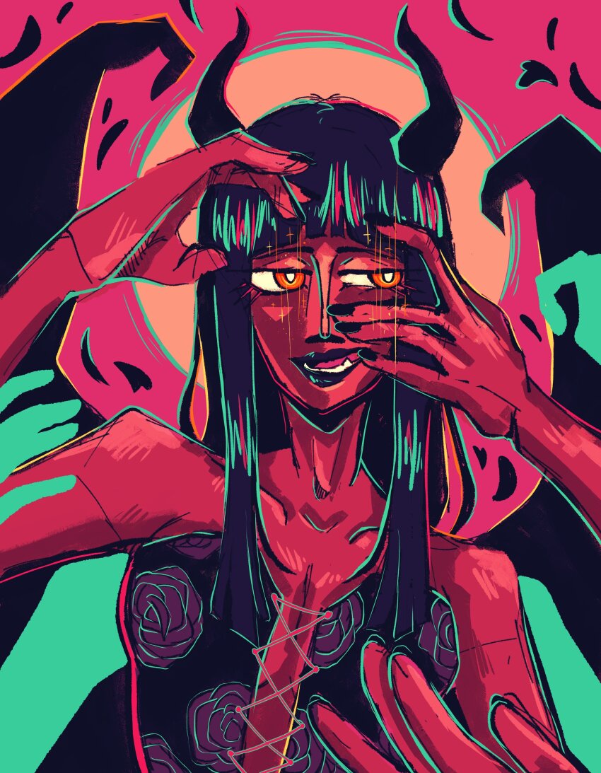 1girl absurdres black_hair black_lips black_nails blunt_bangs colored_skin commentary cross-laced_clothes cross-laced_top demon_girl demonio_fleur english_commentary extra_arms eyelashes fangs floral_print hana_hana_no_mi highres horns long_hair looking_to_the_side nico_robin one_piece orange_eyes petals red_skin smile solo wigglesdtuff wings yellow_eyes