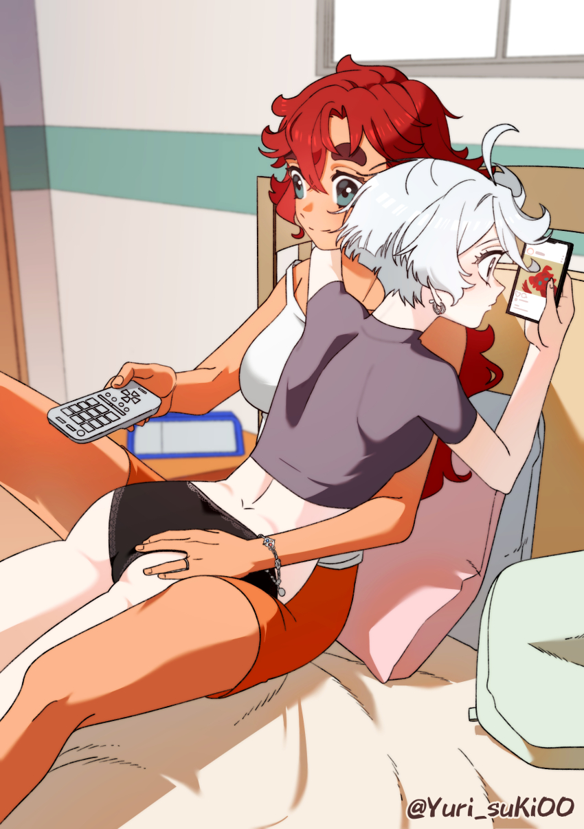 2girls absurdres artist_name ass bed black_panties cellphone commentary controller dark-skinned_female dark_skin female_focus grey_hair gundam gundam_suisei_no_majo highres jewelry messy_hair miorine_rembran multiple_girls orange_shorts panties phone pillow red_hair remote_control ring short_shorts shorts smartphone smile strap_slip suletta_mercury symbol-only_commentary tank_top thick_eyebrows twitter_username underwear wedding_ring wife_and_wife yuri yurisuki00