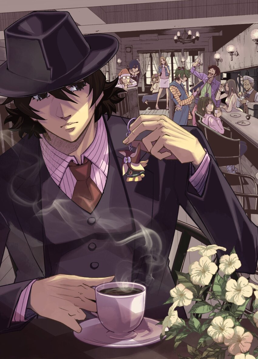 cafe coffee cup fuuto-kun fuuto_tantei hidari_shoutarou highres kamen_rider kamen_rider_w multiple_boys multiple_girls narumi_akiko philip_(kamen_rider) sato_masaki_(masayakofu) tagme teacup terui_ryuu tokime_(fuuto_tantei)