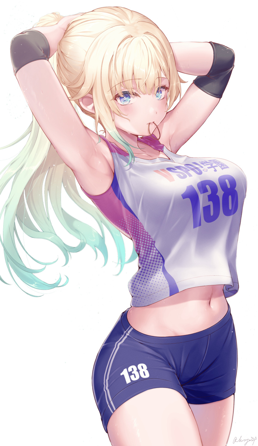 1girl adjusting_hair aizawa_ema black_shorts blonde_hair blue_eyes breasts commentary_request cowboy_shot high_ponytail highres large_breasts long_hair motoja_72p mouth_hold ponytail shorts simple_background sportswear tank_top textless_version transparent_background virtual_youtuber volleyball_uniform vspo! white_tank_top