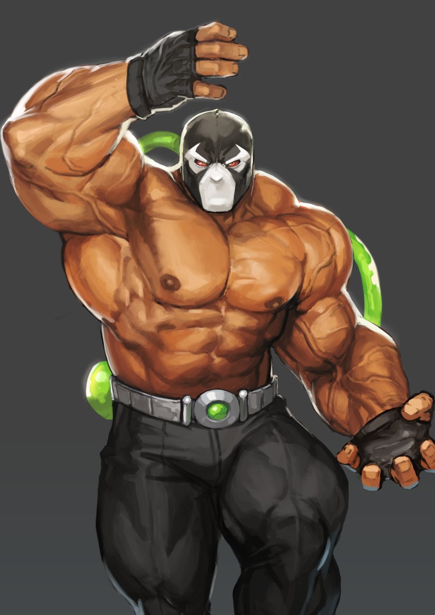 1boy abs absurdres armpits bane bara batman batman_(series) belt biceps dark-skinned_male dark_skin dc_comics gloves highres large_pectorals looking_at_viewer male_focus manly mask mature_male muscular muscular_arms muscular_legs muscular_male nipples pants pectorals red_eyes solo thighs topless_male traver009 tube veins veiny_arms