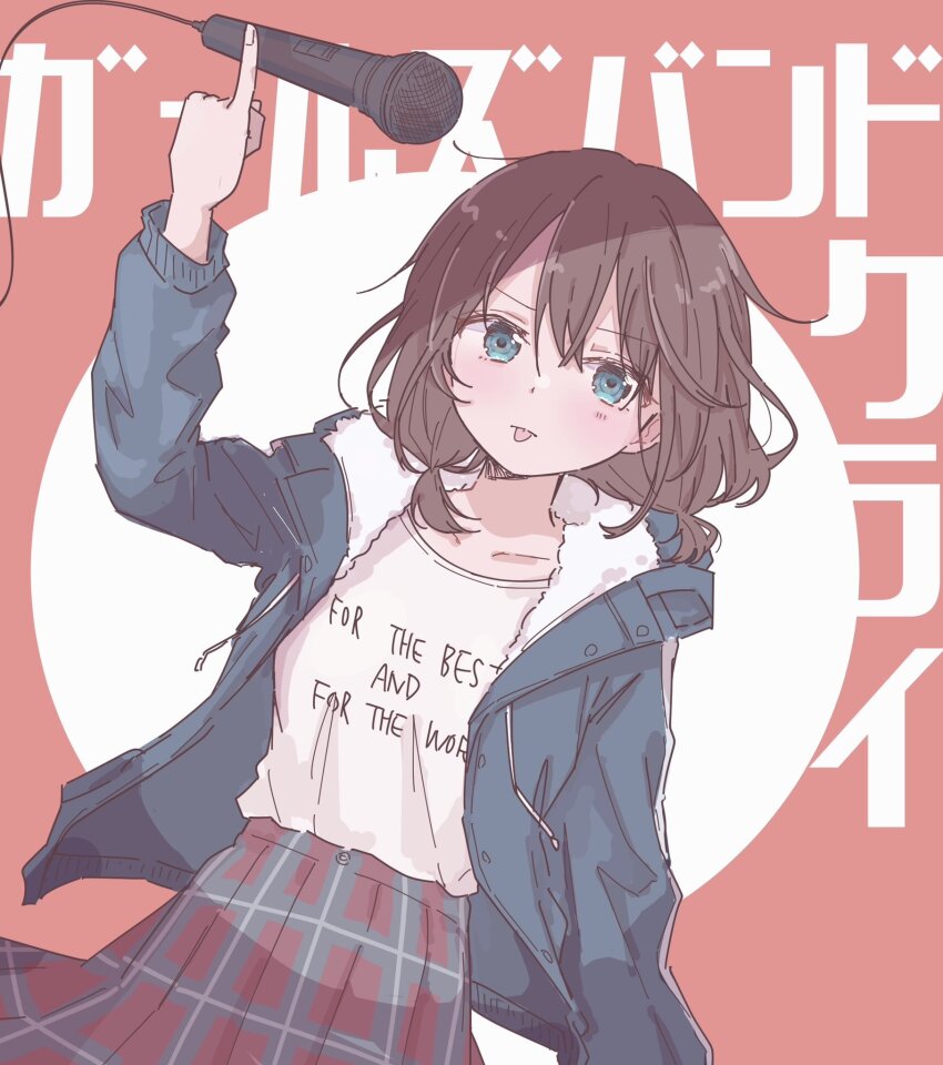 1girl blue_eyes blue_jacket blush brown_hair closed_mouth commentary_request english_text fur-trimmed_jacket fur_trim girls_band_cry highres iseri_nina jacket looking_at_viewer microphone milk_crepes open_clothes open_jacket pink_background pinky_out plaid pleated_skirt red_skirt shirt short_twintails skirt solo tongue tongue_out translation_request twintails two-tone_background upper_body white_background white_shirt