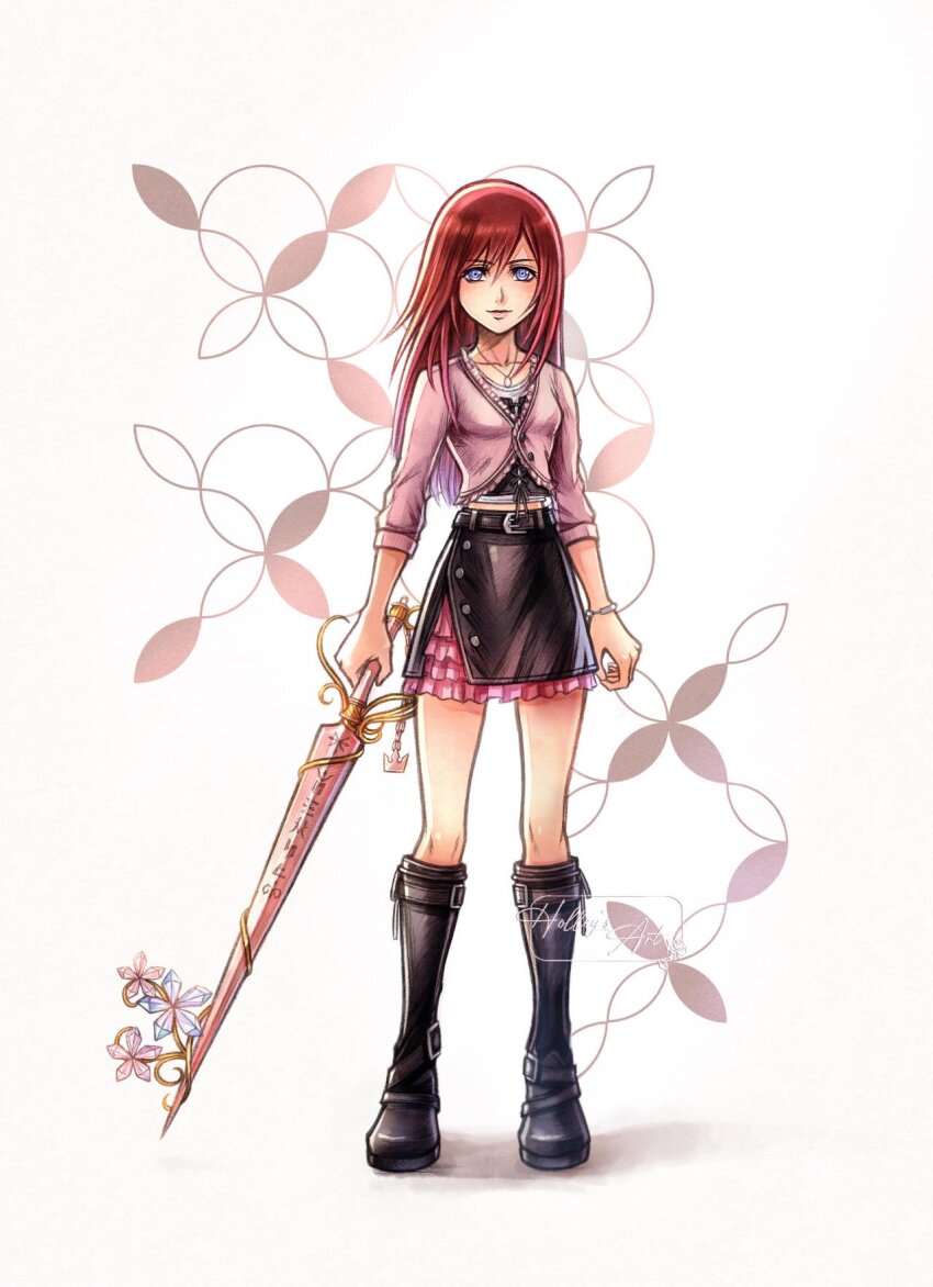 1girl alternate_costume alternate_hair_length alternate_hairstyle black_boots black_skirt blue_eyes boots closed_mouth commentary english_commentary highres holding holding_weapon hollypolllyy jacket jewelry kairi_(kingdom_hearts) keyblade kingdom_hearts kingdom_hearts_iv lips long_hair necklace pink_jacket pink_lips simple_background skirt smile solo weapon white_background