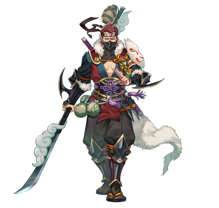 1boy absurdres fire_emblem fire_emblem_fates fire_emblem_heroes fox_mask headband highres holding holding_polearm holding_weapon japanese_clothes kunai kuroba.k male_focus mask mask_on_shoulder mouth_mask ninja nintendo official_alternate_costume official_art one_eye_closed pectoral_cleavage pectorals polearm rope saizo_(fire_emblem) saizo_(ninja)_(fire_emblem) salute scar scar_across_eye scar_on_face shimenawa solo straight-on tabi transparent_background two-finger_salute v-shaped_eyebrows weapon