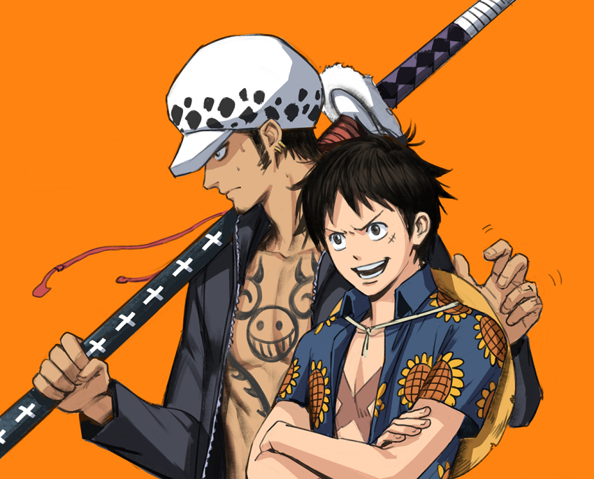 2boys black_eyes black_hair chest_tattoo closed_mouth commentary_request crossed_arms facial_hair floral_print goatee hat hat_on_back hawaiian_shirt holding holding_sword holding_weapon kdash long_sideburns male_focus monkey_d._luffy multiple_boys one_piece orange_background over_shoulder pectorals scar scar_on_face shirt short_hair sideburns straw_hat sunflower_print sword sword_over_shoulder tattoo trafalgar_law weapon weapon_over_shoulder white_hat