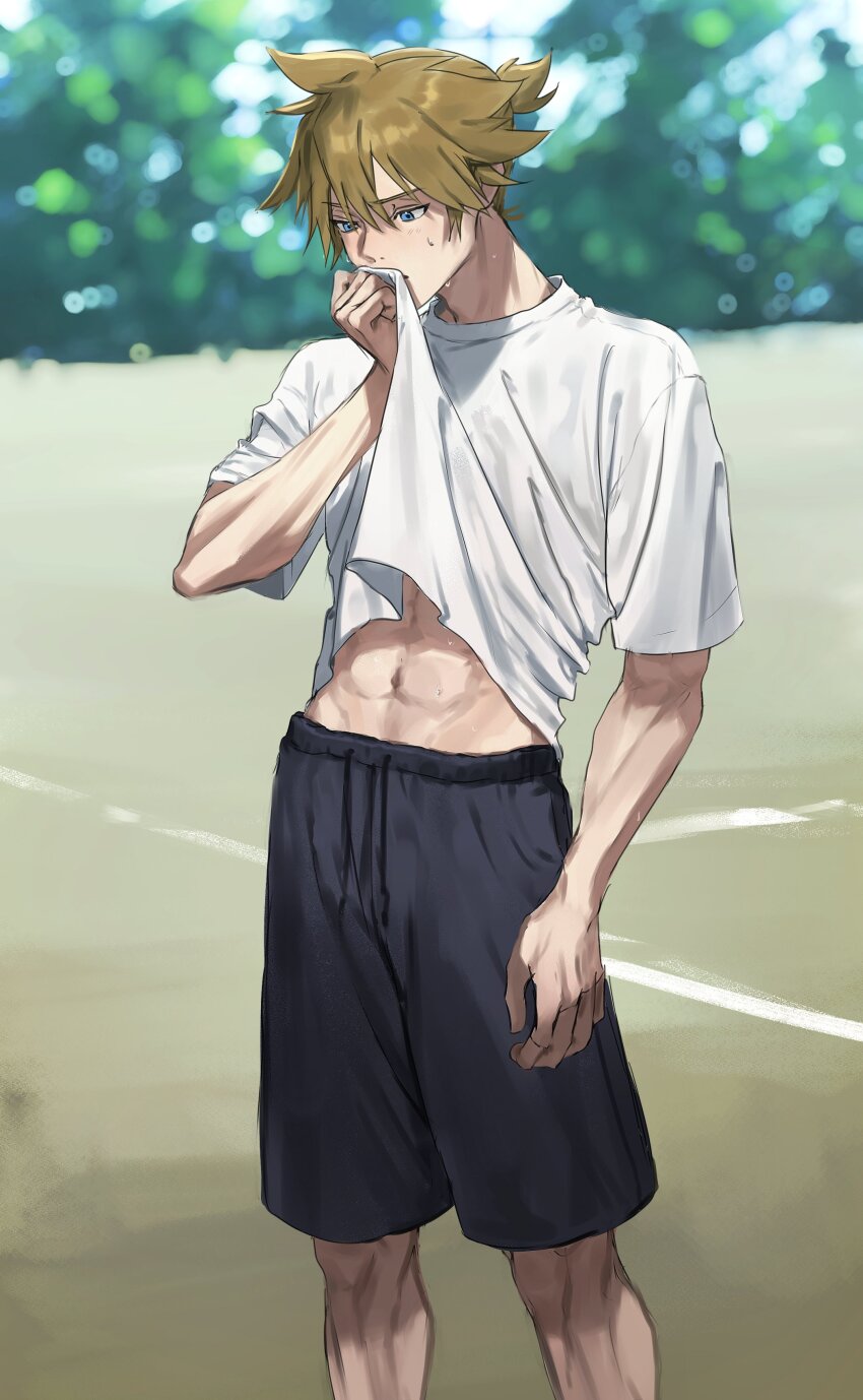 1boy abs absurdres black_shorts blonde_hair blue_eyes blurry blurry_background clothes_lift commentary_request covering_own_mouth crew_neck feet_out_of_frame highres hot kagamine_len light_blush looking_down male_focus midriff muscular muscular_male navel outdoors parted_lips ponytail shirt shirt_lift short_hair short_ponytail short_sleeves shorts small_sweatdrop standing sweat tetorutti35 vocaloid white_shirt wiping_face