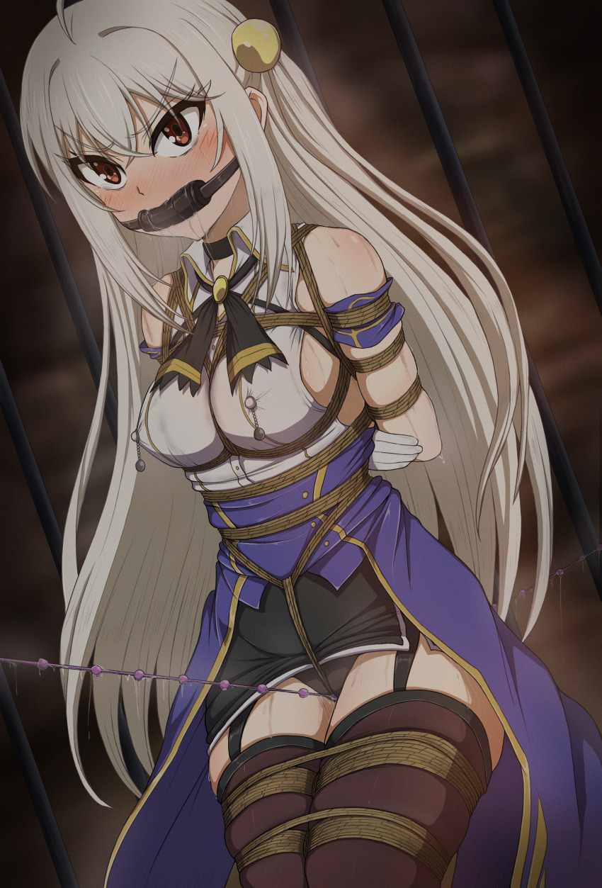 1girl absurdres ahoge arms_behind_back bare_shoulders bars bdsm between_breasts bit_gag black_garter_straps black_neckerchief black_panties black_thighhighs blush bondage bound bound_arms bound_breasts bound_legs bound_torso breast_bondage breasts cage cleft_of_venus clothes_lift collared_shirt crotch_rope dress drooling dungeon gag gagged garter_straps glaring gloves hair_between_eyes hair_ornament highres indoors long_hair looking_ahead looking_up medium_breasts miniskirt neckerchief ninym_ralei nipple_clamps nipple_clamps_over_clothes nipple_piercing nipple_rings nipple_stimulation nipple_weights nipples panties pelvic_curtain piercing predicament_bondage pussy_juice red_eyes restrained rope rope_walking saliva saliva_trail sara_mi_katsuo shibari shibari_over_clothes shirt side_slit sideboob sidelocks skin_tight skindentation skirt skirt_lift sweat sweatdrop tears tensai_ouji_no_akaji_kokka_saiseijutsu thick_thighs thighhighs thighs underwear very_long_hair white_gloves white_hair white_shirt