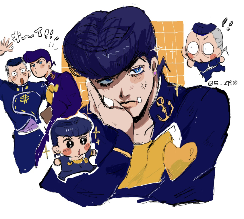 ! !! 2boys :o anchor_ornament anchor_symbol anger_vein artist_name bandage_on_cheek bandage_on_face bandages black_eyes black_hair blue_eyes blue_gakuran blush chibi chibi_inset cleavage_cutout clothing_cutout diamond_wa_kudakenai dollar_sign earrings gakuran grey_hair grid_background hand_on_own_cheek hand_on_own_face heart_ornament higashikata_josuke jewelry jojo_no_kimyou_na_bouken looking_at_viewer matubaru_chan multicolored_hair multiple_boys nijimura_okuyasu oekaki outline pants partially_shaded_face pompadour purple_pants purple_shirt school_uniform shirt sketch sparkle stud_earrings two-tone_hair waving white_outline yellow_shirt yen_sign