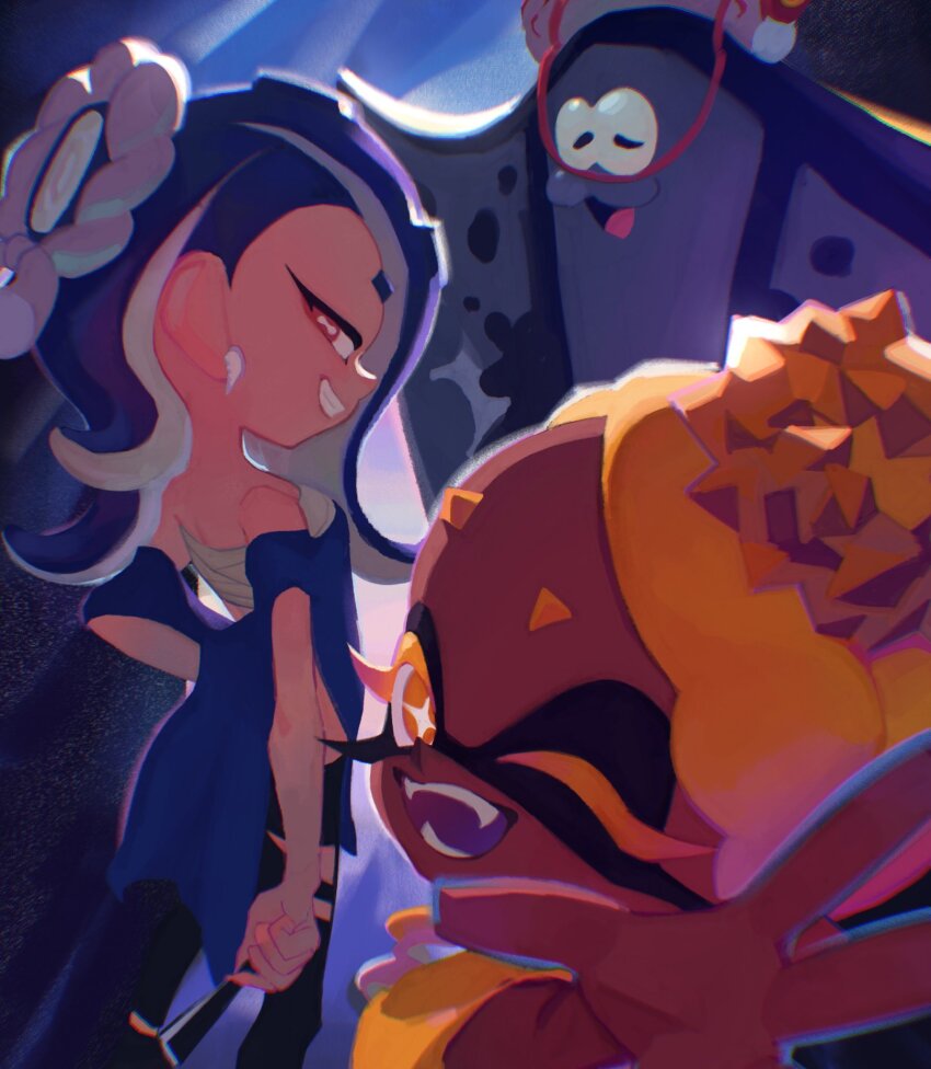 2girls big_man_(splatoon) blonde_hair blue_hair blue_shawl bright_pupils cephalopod_eyes chest_sarashi closed_mouth colored_eyelashes commentary dark-skinned_female dark_skin earrings eyelashes fangs folding_fan frye_(deep_cut_outfit)_(splatoon) frye_(splatoon) hairband hand_fan highres holding holding_fan inkling jewelry ka1_(k4k37) long_hair looking_at_viewer looking_back multiple_girls nintendo octoling one_eye_closed open_mouth reaching reaching_towards_viewer red_eyes sarashi shawl shiver_(deep_cut_outfit)_(splatoon) shiver_(splatoon) short_eyebrows smile splatoon_(series) splatoon_3 star-shaped_pupils star_(symbol) symbol-only_commentary symbol-shaped_pupils teeth tentacle_hair thick_eyebrows tooth_earrings white_hairband white_pupils yellow_eyes