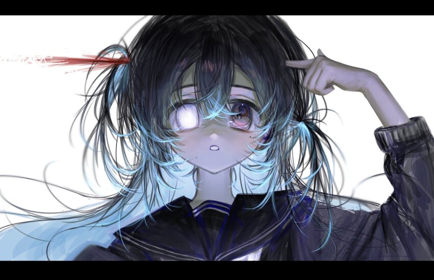 1girl bad_id bad_twitter_id black_hair black_shirt bleeding blood finger_gun finger_gun_to_head finger_to_head glowing glowing_eye hair_between_eyes hand_up heterochromia highres iniooooo letterboxed long_hair looking_at_viewer original parted_lips sailor_collar shirt simple_background solo upper_body white_background