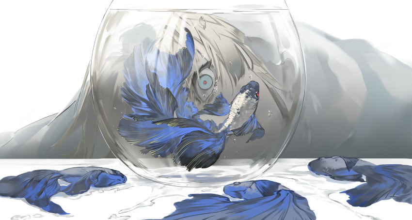 1boy absurdres blonde_hair character_request dead_animal dimitri_alexandre_blaiddyd eyelashes fire_emblem fire_emblem:_three_houses fish fishbowl gongzuotianxiadiyi highres looking_at_viewer male_focus nintendo red_pupils short_hair solo water