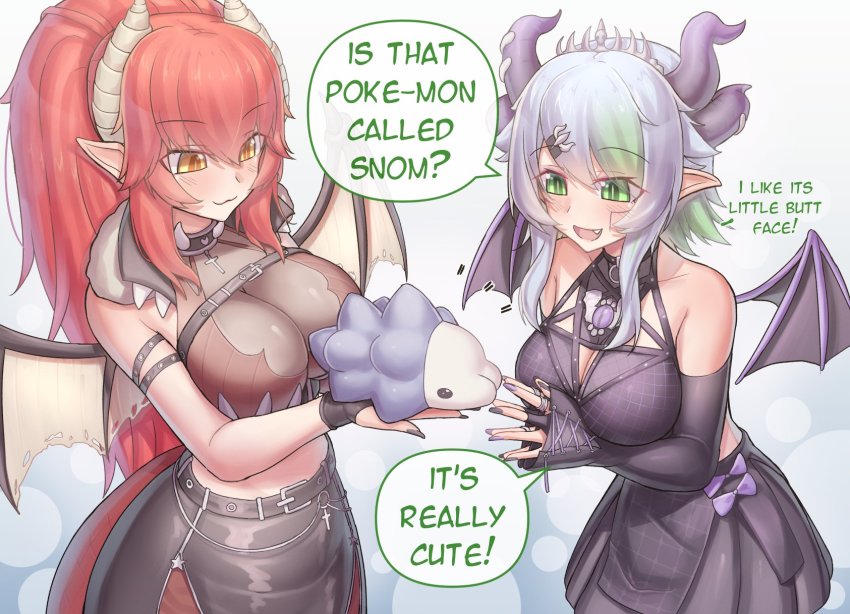 ! 2girls ? apricot_the_lich apricot_the_lich_(1st_costume) bare_shoulders breasts cleavage commentary cowboy_shot cross detached_sleeves dragon_girl dragon_horns dragon_tail dragon_wings english_commentary english_text fang fingerless_gloves gen_8_pokemon gloves hair_between_eyes hair_ornament hairclip highres horns hungrydurp large_breasts lich long_hair looking_at_animal multiple_girls multiple_horns nail_polish nintendo pointy_ears pokemon ponytail red_eyes see-through_cleavage see-through_clothes short_hair snom speech_bubble standing tail tongue virtual_youtuber vshojo wings yellow_eyes zentreya zentreya_(dragon) zentreya_(dragon)_(1st_costume)
