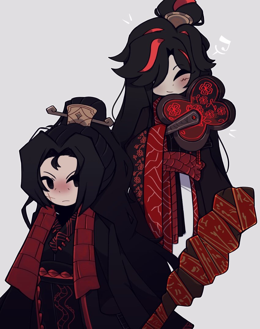 1boy 1girl ;) black_eyes black_hair black_hanfu chinese_clothes closed_eyes curtained_hair hair_bun hair_ornament hand_fan hanfu high_ponytail highres holding holding_fan jia_qiu_(project_moon) limbus_company long_hair looking_at_viewer multicolored_hair one_eye_closed ponytail project_moon red_scarf rope_belt saltedporkchops scar scar_on_face scarf serious smile staff streaked_hair very_long_hair white_background zigong_(project_moon)
