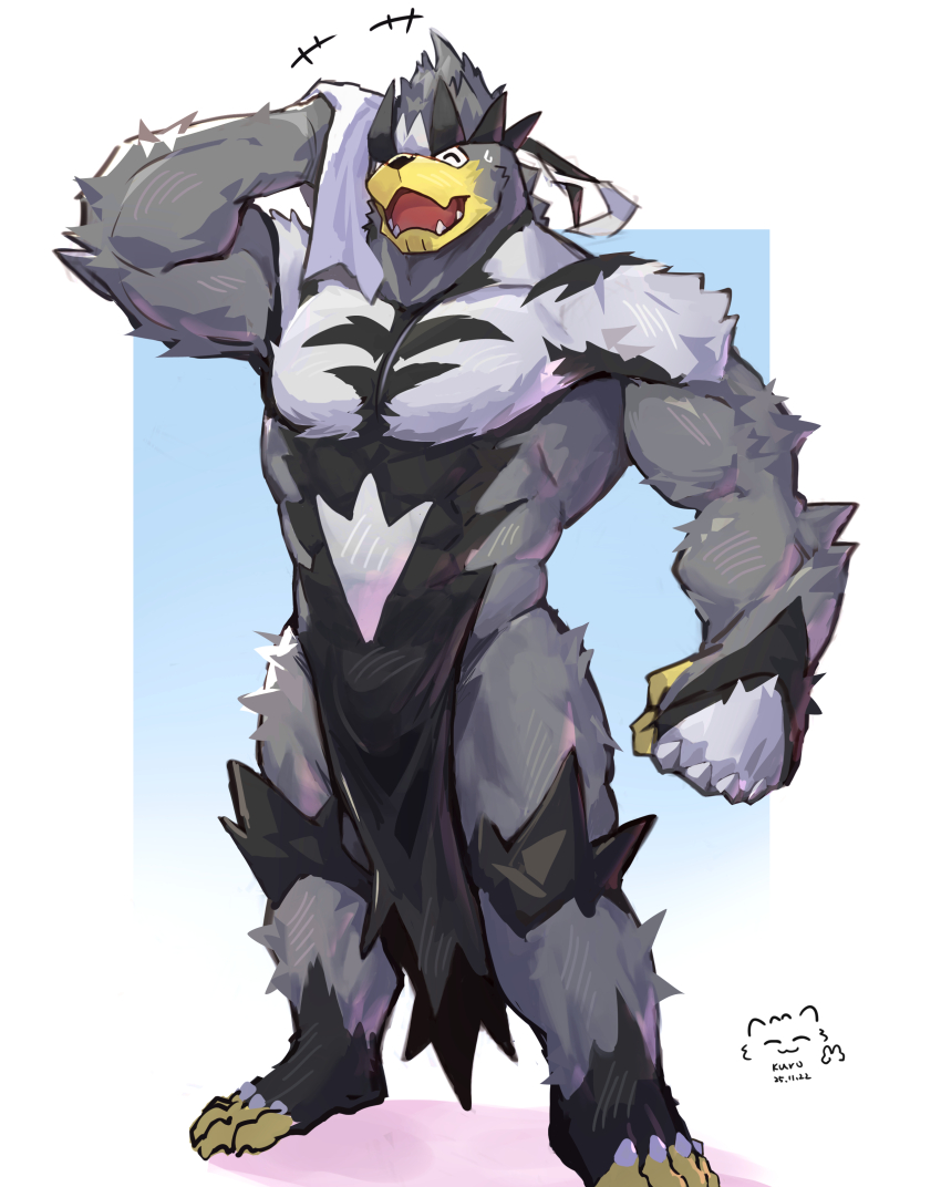 1boy absurdres bara closed_eyes commentary full_body furry furry_male gen_8_pokemon highres holding holding_towel kuromons_art legendary_pokemon male_focus muscular muscular_male nintendo open_mouth pokemon pokemon_(creature) solo standing towel urshifu urshifu_(single)