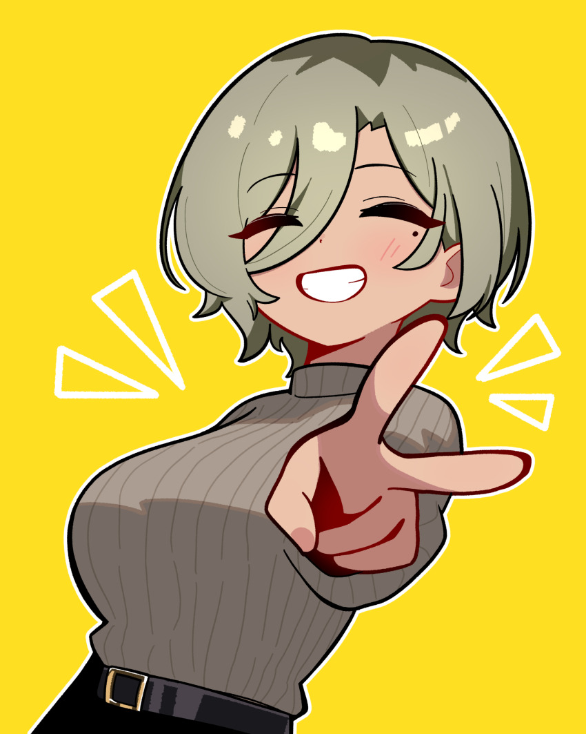 1girl belt blush breasts brown_hair brown_sweater closed_eyes dark-skinned_female dark_skin girls_band_cry grin hair_between_eyes highres jorang_(jorang08) long_sleeves medium_breasts mole mole_under_eye notice_lines outline outstretched_arm reaching reaching_towards_viewer rupa_(girls_band_cry) short_hair simple_background smile solo sweater sweater_tucked_in upper_body v white_outline yellow_background