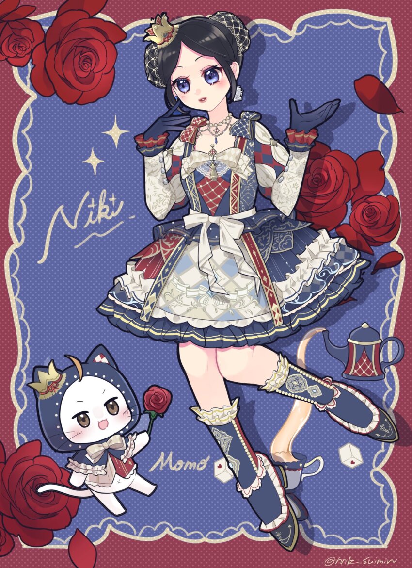 1girl animal argyle_clothes argyle_dress bead_necklace beads black_hair black_shoes blue_background blue_cloak blue_dress blue_eyes blue_gloves blue_socks border bow bowtie brown_eyes bun_cover cat character_name cloak clothed_animal crown cup double_bun dress ear_covers earrings eyelashes eyeshadow fishnets floral_print flower frilled_cloak frilled_dress frilled_footwear frilled_sleeves frilled_socks frilled_vest frills full_body gloves gold_crown grey_bow grey_bowtie grey_vest hair_bun halftone halftone_background hand_on_own_cheek hand_on_own_face hands_up high_heels highres holding holding_flower hood hood_up hooded_cloak infinity_nikki jewelry kneehighs layered_dress layered_sleeves light_blush lipstick lolita_fashion long_sleeves makeup medium_dress mini_crown momo_(nikki) navel necklace neneko_(nnk_suimin) nikki_(nikki) nikki_(series) official_alternate_color official_alternate_costume open_mouth outside_border parted_lips petals pink_eyeshadow pouring puffy_short_sleeves puffy_sleeves pumps red_border red_flower red_lips red_rose red_vest rose rose_petals shadow shoes short_hair short_over_long_sleeves short_sleeves single_earring smile socks square_neckline striped_clothes striped_vest sugar_cube tea teacup teapot the_queen&#039;s_move_(infinity_nikki) twitter_username two-tone_veil updo v-shaped_eyebrows vertical-striped_clothes vertical-striped_vest vest waist_bow whiskers white_bow white_cat white_dress
