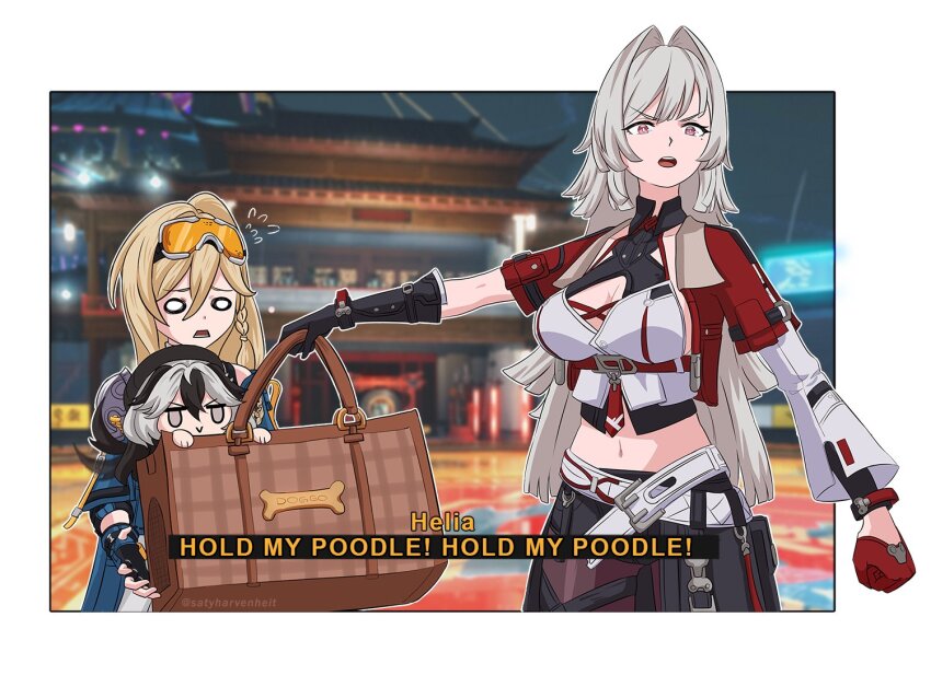 3girls animal_ears asymmetrical_gloves asymmetrical_sleeves bag black_gloves black_shorts blonde_hair blue_jacket blurry blurry_background braid breasts brown_pantyhose cleavage commentary coralie_6626_planck depth_of_field durandal_(honkai_impact) english_commentary english_text erdos_helia fingerless_gloves flying_sweatdrops gloves goggles goggles_on_head grey_hair hair_between_eyes hair_intakes holding holding_bag honkai_(series) honkai_impact_3rd jacket layered_sleeves long_hair long_sleeves medium_breasts mini_person minigirl mole mole_under_eye multiple_girls navel open_clothes open_jacket open_mouth pantyhose pantyhose_under_shorts red_eyes red_gloves red_jacket reference_request satyharvenheit short_over_long_sleeves short_sleeves shorts v-shaped_eyebrows very_long_hair wide_oval_eyes