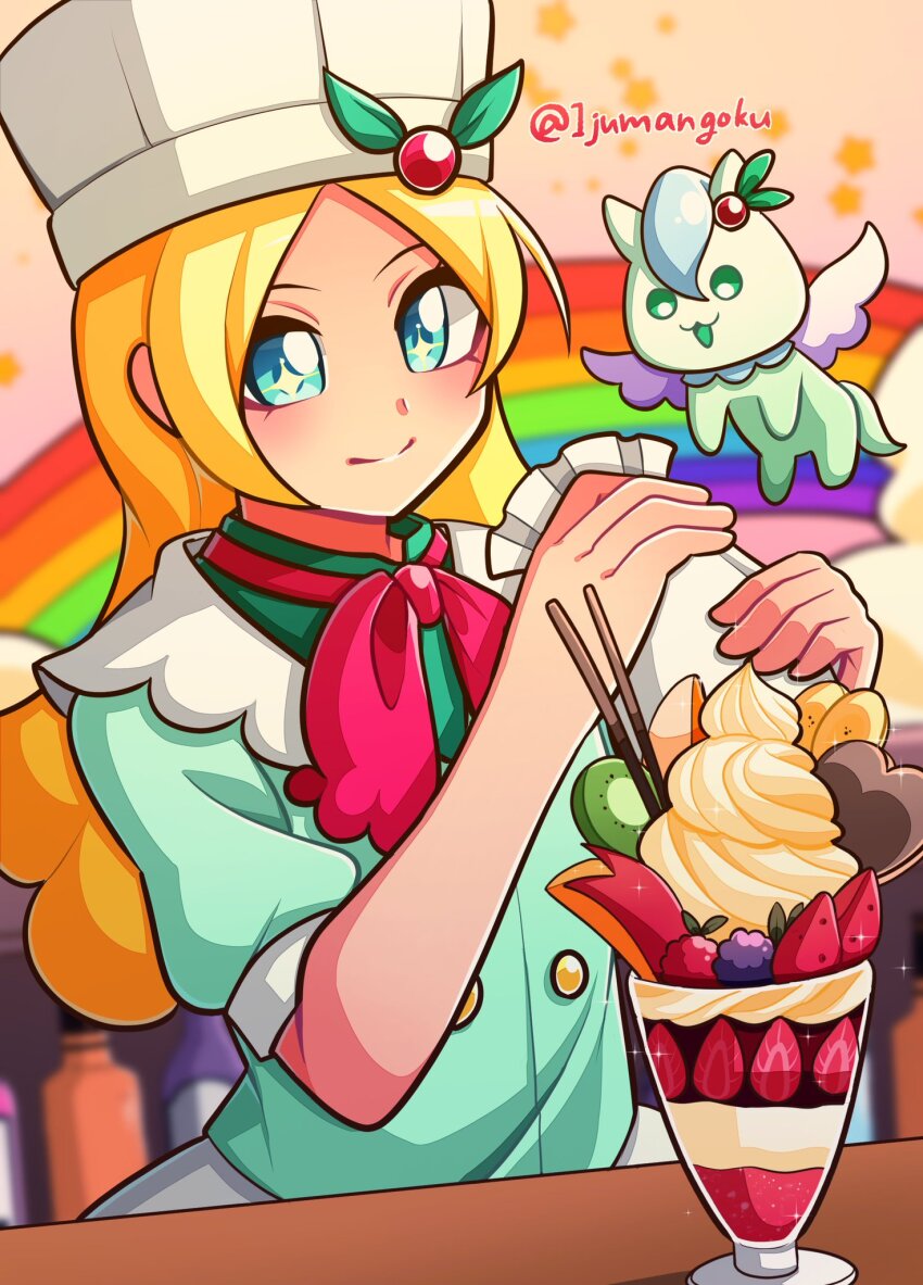 +_+ 1girl 1jumangoku apron banana banana_slice berry blonde_hair blue_eyes blue_jacket blue_sleeves blurry blurry_background bottle buttons candy character_request chef_hat chocolate chocolate_heart closed_mouth collar collared_jacket commentary_request cowboy_shot eyelashes food fruit green_shirt hat heart highres holding_pipette icing indoors jacket kirahoshi_ciel kirakira_patisserie_uniform kirakira_precure_a_la_mode kiwi_(fruit) kiwi_slice leaf light_blush long_hair looking_at_food neckerchief parfait pegasus pipette pocky precure puffy_short_sleeves puffy_sleeves rainbow red_neckerchief shirt short_sleeves simple_background smile solo sparkling_eyes star_(symbol) star_symbol_background strawberry strawberry_slice table twitter_username waist_apron white_apron white_collar white_hat