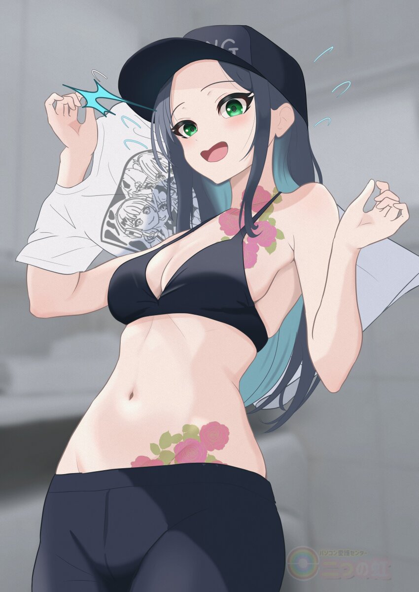 1girl absurdres aqua_hair black_bra black_hair black_hat black_pants bra chigusa_(fortnite) fortnite futatunoniji green_eyes hat highres holding holding_shirt holding_unworn_clothes long_hair multicolored_hair navel neck_tattoo open_mouth pants shirt solo stomach stomach_tattoo t-shirt tattoo underwear unworn_shirt white_shirt