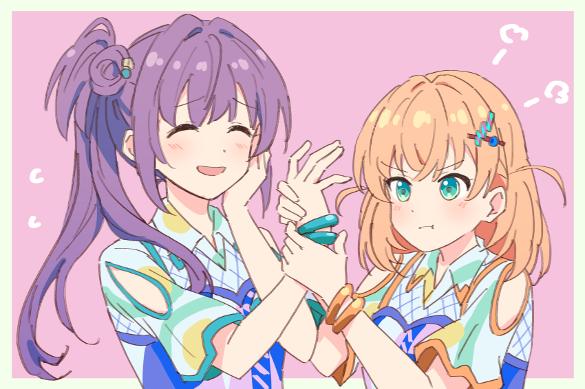 2girls :d :t ^_^ aqua_eyes bangle bare_shoulders blush border bracelet cerise_bouquet closed_eyes closed_mouth clothing_cutout commentary_request crossed_bangs cube_hair_ornament flying_sweatdrops genyo_yako grabbing_another&#039;s_hand hair_bun hair_intakes hair_ornament hairpin hand_on_own_cheek hand_on_own_face happy highres hinoshita_kaho holding_another&#039;s_wrist jewelry link!_like!_love_live! lone_nape_hair long_hair love_live! medium_hair multiple_girls nogreen official_alternate_costume open_mouth orange_hair otomune_kozue outside_border pink_background pout puff_of_air purple_hair shoulder_cutout side_ponytail sidelocks simple_background single_side_bun smile two_side_up upper_body v-shaped_eyebrows virtual_youtuber white_border yuri