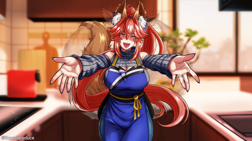 1girl absurdres afterimage aged_up animal_ear_fluff animal_ears apron blue_apron blue_pants breasts denim detached_sleeves ear_wiggle fate/extra fate_(series) fox_ears fox_girl fox_tail grey_sweater hair_between_eyes highres incoming_hug indoors jeans jewelry large_breasts long_hair looking_at_viewer mature_female open_mouth outstretched_arms pants pink_hair ponytail ring romulproduce solo sweater tail tail_wagging tamamo_(fate) tamamo_no_mae_(fate/extra) textless_version turtleneck turtleneck_sweater very_long_hair wedding_ring yellow_eyes