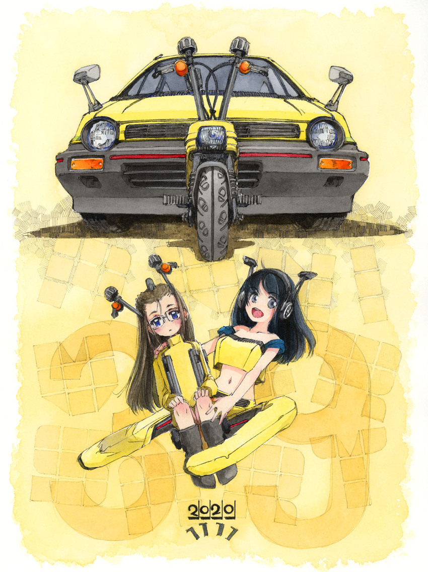 2girls black_footwear black_hair blue_eyes boots cable car collarbone cropped_shirt glasses grey_eyes hands_on_own_thighs hi_fumiyo highres honda honda_city honda_motocompo jacket long_hair long_sleeves looking_at_viewer midriff motoko_(hi_fumiyo) motor_vehicle multiple_girls navel original pants personification shadow shirt sitting smile traditional_media vehicle_and_personification vehicle_focus very_long_hair yellow_boots yellow_jacket yellow_pants yellow_shirt