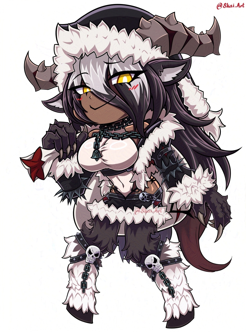 bell breasts chain chibi claws dark-skinned_female dark_skin hat hooves horns krampus_(monster_girl_encyclopedia) medium_breasts monster_girl monster_girl_encyclopedia santa_hat segmented_horns simple_background skai_art yellow_eyes