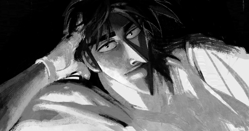 1boy expressionless fukumoto_nobuyuki_(style) greyscale head_rest highres itou_kaiji kaiji looking_at_viewer male_focus monochrome parody pointy_chin pointy_nose shirt shishinnonoii solo style_parody upper_body