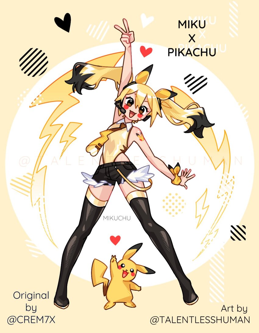 1girl alternate_costume animal_ears arm_up bare_shoulders black_hair black_shorts black_thighhighs blonde_hair boots borrowed_design brown_eyes character_name character_tattoo collared_leotard colored_tips cosplay facial_mark flat_chest full_body game_freak gen_1_pokemon hatsune_miku headset heart highres legs_apart leotard lightning_bolt_symbol mark_under_both_eyes multicolored_hair necktie nintendo open_mouth pikachu pikachu_(cosplay) pikachu_ears pikachu_tail pokemon pokemon_(creature) pokemon_tail short_shorts shorts shoulder_tattoo smile standing tail talentlesshuman tattoo thigh_boots thighhighs twintails two-tone_hair v vocaloid whisker_markings yellow_leotard yellow_necktie