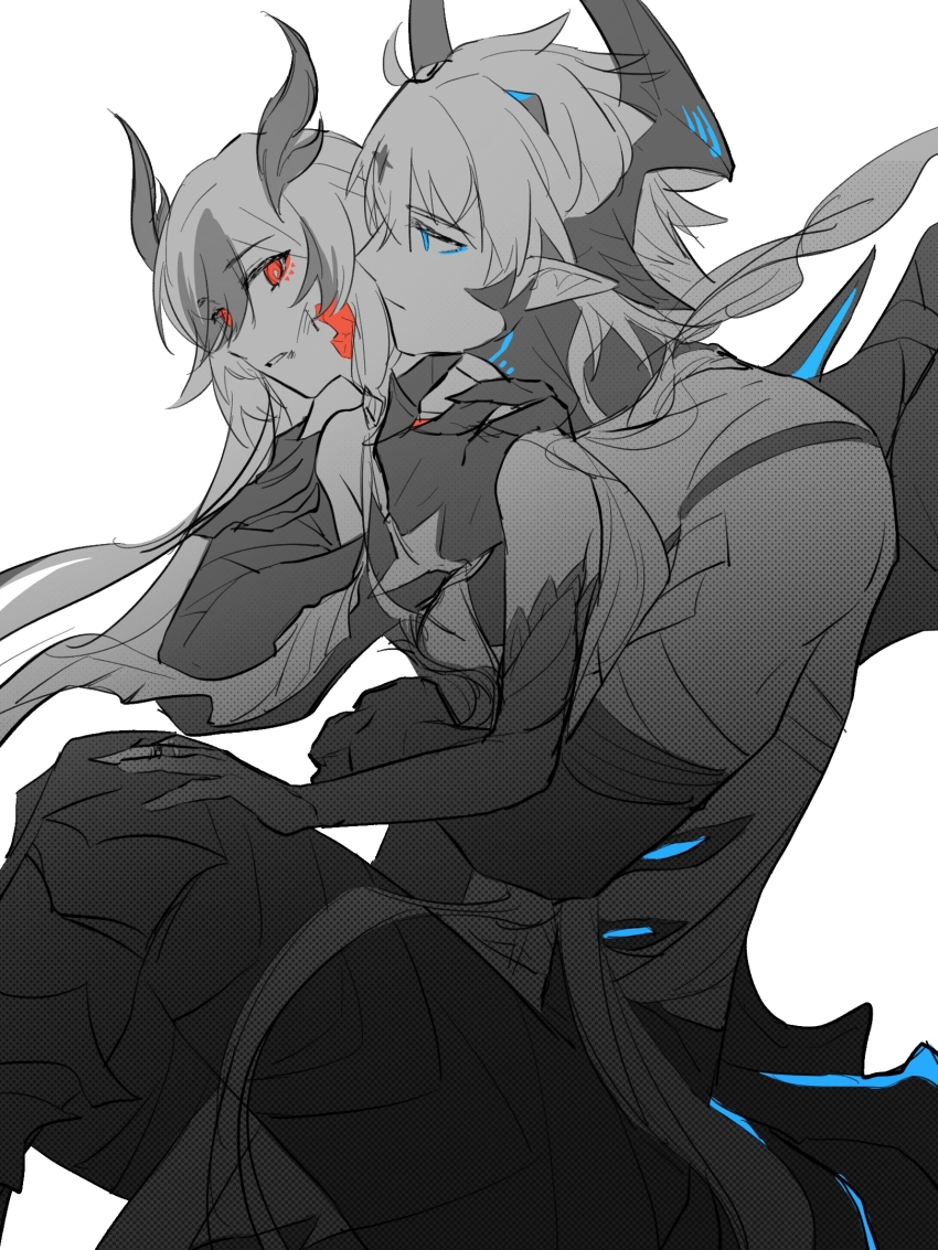 1boy 1girl bandaged_arm bandaged_chest bandages bare_shoulders blue_eyes chinese_commentary closed_mouth collarbone couple diabolic_kevin_(honkai_impact) elbow_gloves fingernails from_side fu_hua fu_hua_(garuda) gloves glowing hair_between_eyes hair_flowing_over hair_ornament hand_on_another&#039;s_shoulder haveacat height_difference hetero highres honkai_(series) honkai_impact_3rd horns hug hug_from_behind kevin_kaslana leaning_back leaning_forward leaning_on_person long_hair multicolored_hair muscular muscular_male parted_lips partially_colored red_eyes sharp_fingernails short_hair simple_background star_(symbol) star_hair_ornament streaked_hair white_background wings