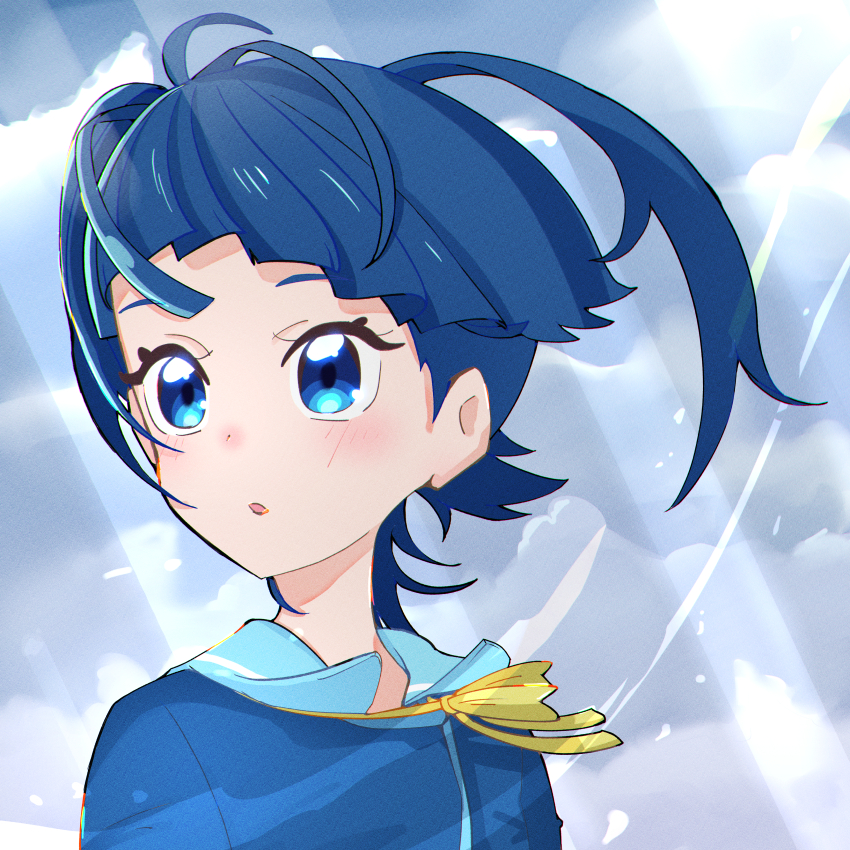 1girl :o absurdres blue_jacket blue_sailor_collar commentary cut_bangs day highres hirogaru_sky!_precure jacket looking_to_the_side neck_ribbon noe_graphics open_mouth outdoors overcast precure ribbon sailor_collar school_uniform side_ponytail single_sidelock sky solo sora_harewataru sorashido_academy_school_uniform sunlight wind yellow_ribbon