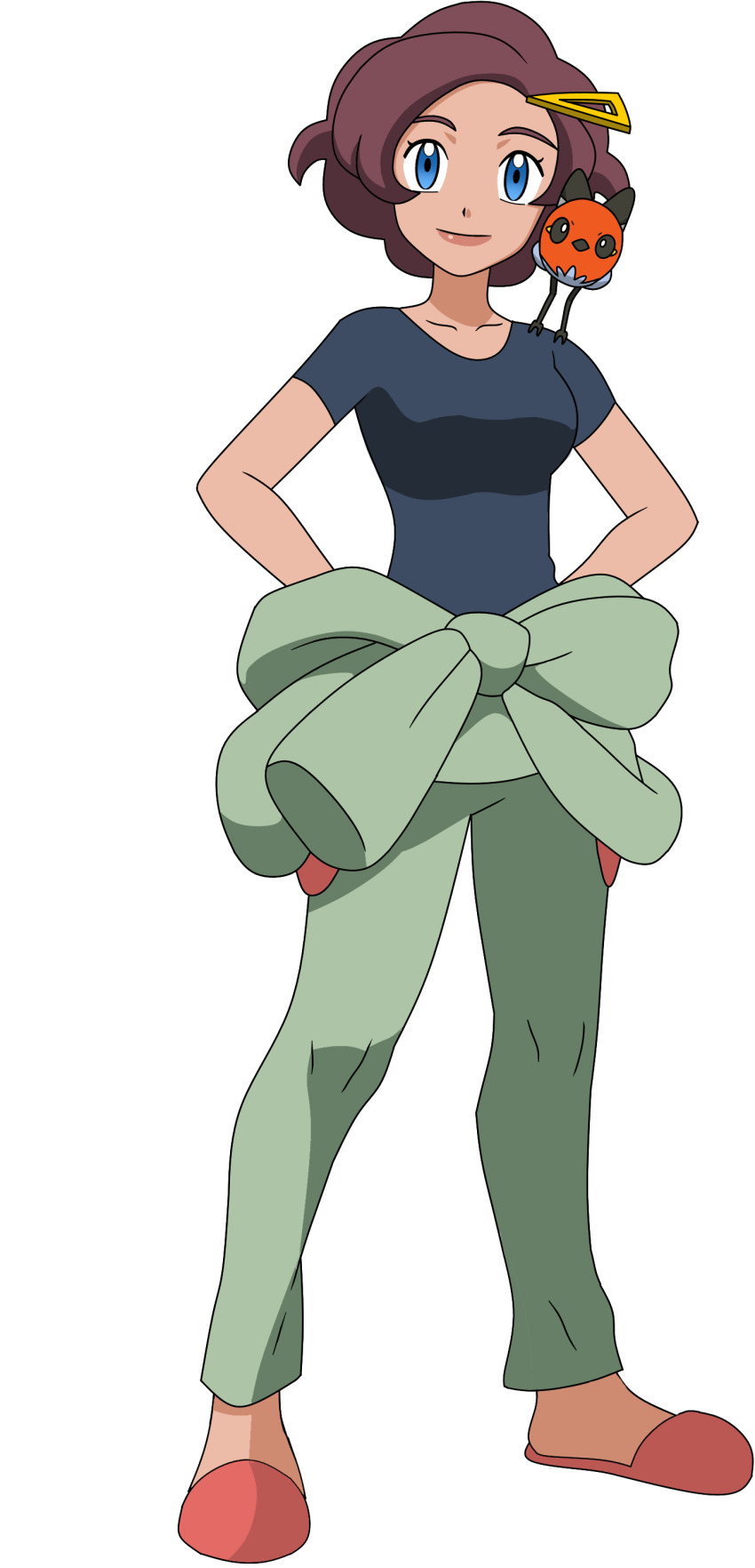 1girl absurdres ahoge artist_request black_shirt blue_eyes breasts brown_hair collarbone curly_hair eyebrows eyelashes female_focus fletchling full_body gen_6_pokemon grace_(pokemon) green_pants hair_ornament hairclip hands_on_own_hips happy highres knees lips looking_back mature_female medium_breasts medium_hair nintendo no_socks official_style on_shoulder pants parted_bangs pokemon pokemon_(creature) pokemon_on_shoulder pokemon_xy shirt shirt_tied_around_waist short_sleeves size_difference slippers smile standing t-shirt tied_shirt transparent_background