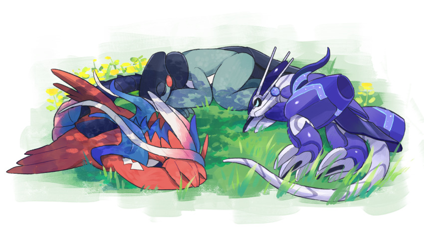 animal_focus border closed_mouth commentary cyclizar flower fuku_(huku_m) grass koraidon lying miraidon nintendo no_humans pokemon pokemon_(creature) sleeping white_border yellow_flower