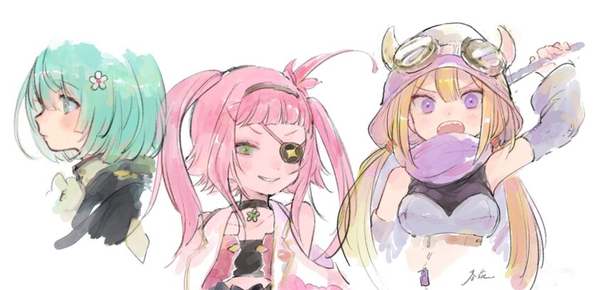 3girls arm_up black_choker blonde_hair blunt_bangs choker cropped_torso detached_sleeves eyepatch flower goggles goggles_on_headwear green_eyes green_hair hair_between_eyes hair_flower hair_ornament highres holding holding_weapon hood hood_up long_hair looking_at_viewer magia_record:_mahou_shoujo_madoka_magica_gaiden magical_girl mahou_shoujo_madoka_magica mikuri_ayame mitsuki_felicia multiple_girls natsume_kako open_mouth pink_flower pink_hair profile purple_eyes purple_hood purple_scarf scarf sharp_teeth short_hair sidelocks simple_background smile teeth twintails upper_body v-shaped_eyebrows weapon white_background white_flower yorunogumo