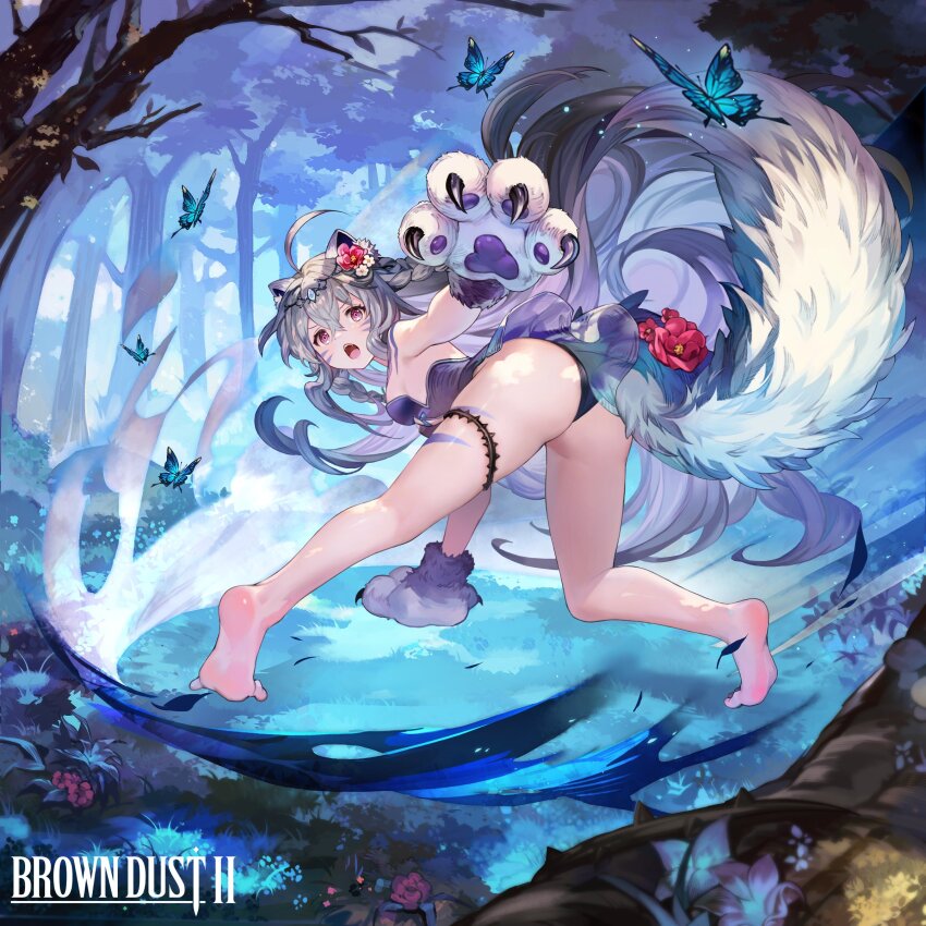 1girl absurdres ahoge animal_ear_fluff animal_ears animal_hands ass barefoot black_panties blue_dress breasts brown_dust_(series) brown_dust_2 bug butterfly cat_ears cat_paws cat_tail copyright_name dress facial_mark flower forest from_behind full_body gloves grey_hair hair_between_eyes hair_flower hair_ornament highres insect long_hair looking_at_viewer looking_back medium_breasts nature official_art open_mouth panties paw_gloves purple_eyes rou_(brown_dust) rou_(nature&#039;s_claw)_(brown_dust) second-party_source soles solo tail teeth thigh_strap tiara tiptoes toes underwear upper_teeth_only very_long_hair wind