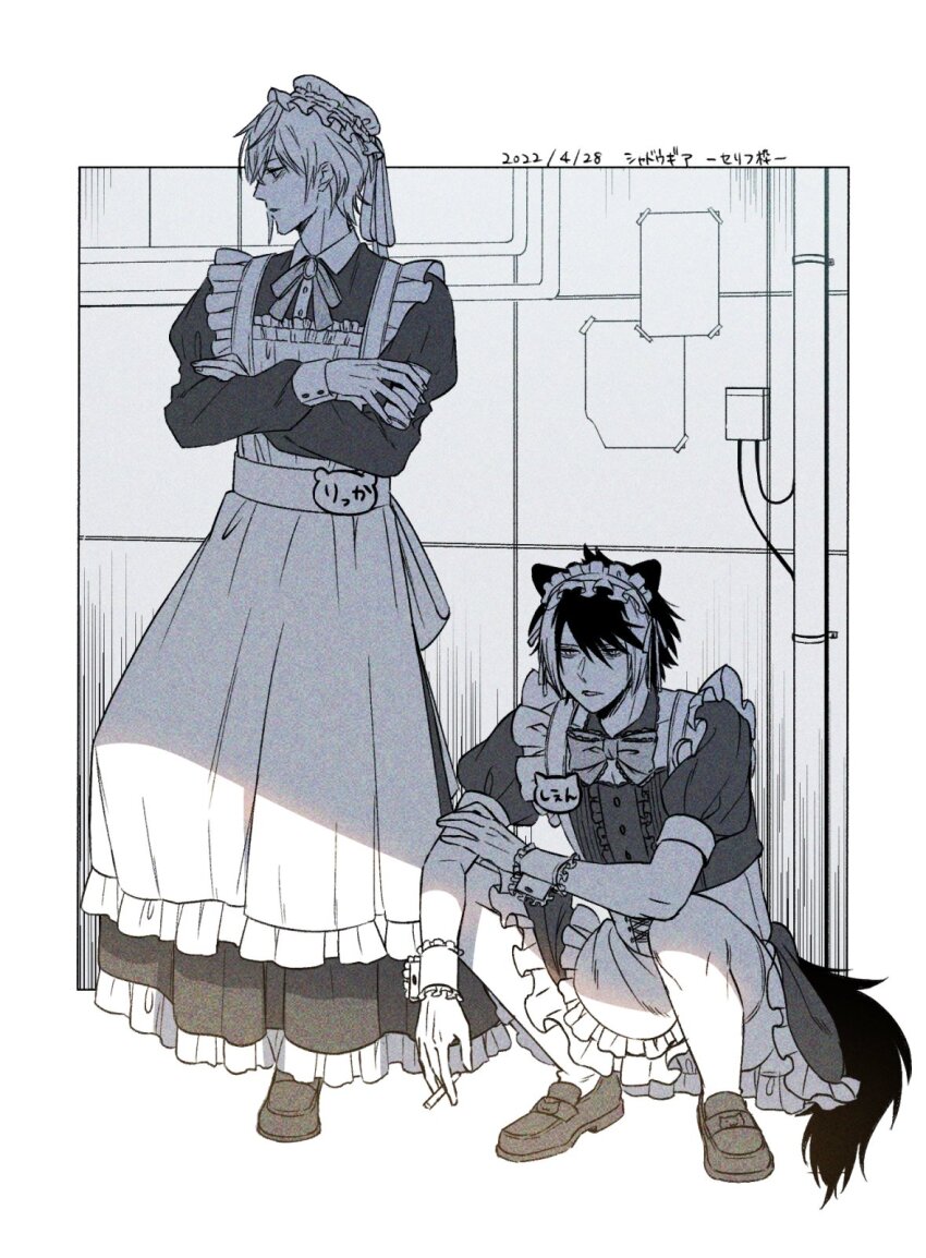 2boys animal_ears apron bow cigarette crossdressing crossed_arms dress full_body greyscale highres holding holding_cigarette holostars jackal_boy jackal_ears jackal_tail kageyama_shien maid maid_apron maid_headdress male_focus monochrome multiple_boys ramenumai_ika ribbon rikka_(holostars) shirt short_hair squatting thighhighs virtual_youtuber wrist_cuffs