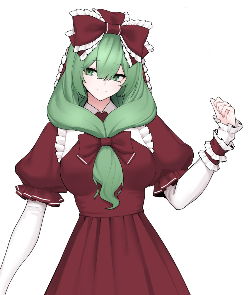 1641_(chfhrtor94) 1girl bow breasts center-flap_bangs collared_dress cowboy_shot dress frilled_bow frilled_sleeves frilled_wrist_cuffs frills front_ponytail green_eyes green_hair hair_between_eyes hair_bow hair_ribbon hand_up highres kagiyama_hina korean_commentary large_breasts layered_sleeves long_hair long_sleeves looking_at_viewer puffy_short_sleeves puffy_sleeves red_bow red_dress red_ribbon ribbon short_over_long_sleeves short_sleeves sideways_glance simple_background smile solo standing touhou white_background wrist_cuffs