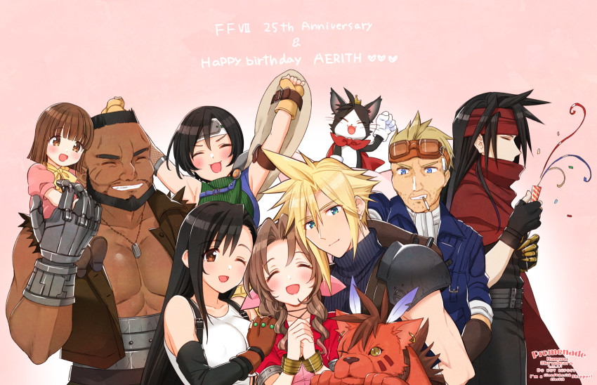 4girls aerith_gainsborough armor ascot asymmetrical_bangs barret_wallace beard belt black_hair blonde_hair blue_eyes blue_jacket blue_shirt blush bracelet brown_eyes brown_hair brown_vest cait_sith_(final_fantasy) cape cat cid_highwind cigarette closed_eyes cloud_strife crown curly_hair dog_tags dress everyone facial_hair final_fantasy final_fantasy_vii fingerless_gloves gloves goggles goggles_on_head green_shirt headband highres jacket jewelry krudears long_hair marlene_wallace multiple_boys multiple_girls one_eye_closed own_hands_clasped pink_dress prosthesis prosthetic_hand red_cape red_fur red_jacket red_xiii ribbon scar scar_on_face shirt short_hair shoulder_armor spiked_hair sports_bra square_enix straight_hair suspenders tifa_lockhart turtleneck vest vincent_valentine white_gloves wink yellow_eyes yuffie_kisaragi