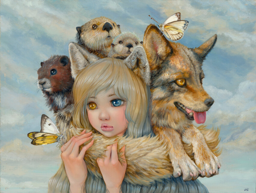 1girl animal_ears beaver blonde_hair blue_eyes bug butterfly camilla_d&#039;errico eyelashes heterochromia insect long_hair orange_eyes original otter painting_(medium) pink_lips tail thick_lips traditional_media wolf wolf_ears wolf_girl