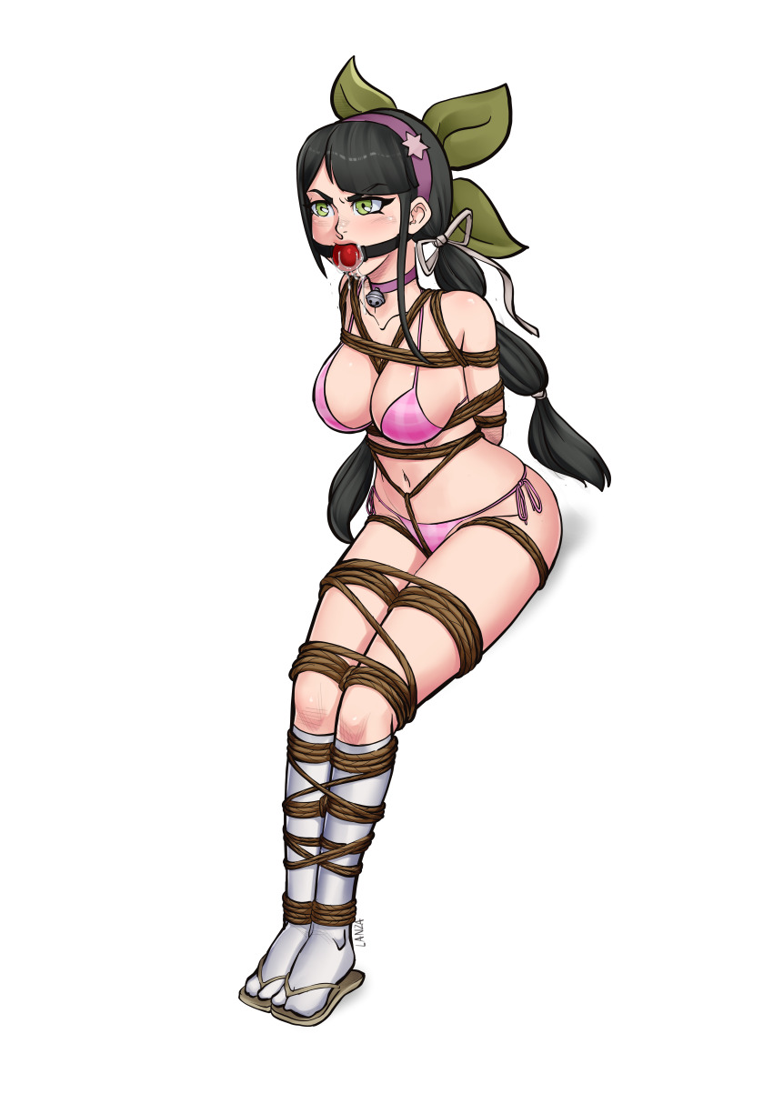 1girl absurdres angry ass asymmetrical_hair ball_gag bdsm bell bikini black_hair bondage bound bound_ankles bound_arms bound_legs bound_thighs bow breasts chabashira_tenko choker commission commissioner_upload crotch_rope danganronpa_(series) danganronpa_v3:_killing_harmony drooling gag gagged green_eyes hair_ornament hairband headband highres large_breasts long_hair mouth_drool neck_bell non-web_source pink_bikini pink_choker ponytail purple_hairband restrained rope saliva shibari sidelocks slippers socks solo star_(symbol) star_hair_ornament swimsuit thunkstudio transparent_background twintails variant_set white_socks