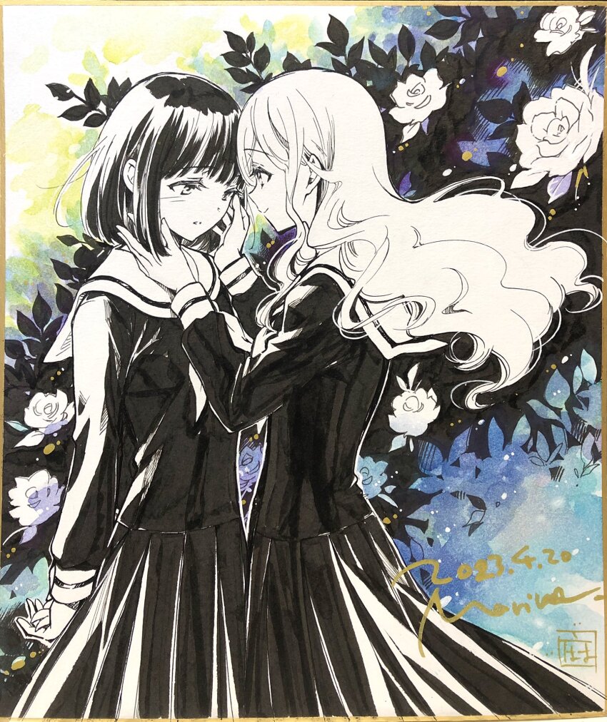2girls black_hair black_serafuku black_shirt black_skirt blunt_bangs blush bob_cut commentary_request dated floating_hair flower hands_on_another&#039;s_face highres leaf long_hair long_sleeves looking_at_another looking_down maria-sama_ga_miteru marine_(confeitokobo) multiple_girls neckerchief nijou_noriko parted_lips pleated_skirt rose sailor_collar school_uniform serafuku shikishi shirt short_hair signature skirt smile spot_color toudou_shimako traditional_media wavy_hair white_sailor_collar yuri