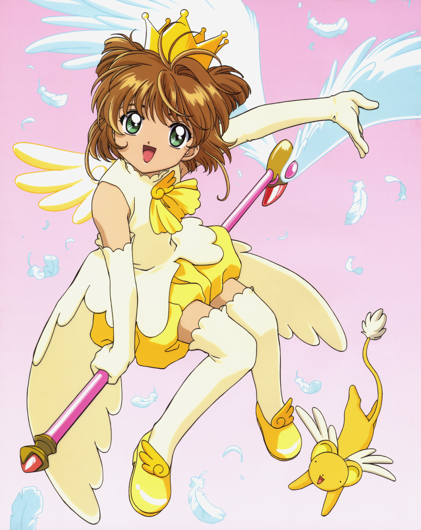 1990s_(style) :d absurdres antenna_hair bloomers brooch broom broom_riding brown_hair cardcaptor_sakura creature crown dot_nose dress elbow_gloves feathers full_body fuuin_no_tsue gloves gold_crown green_eyes hair_intakes highres holding holding_wand jewelry kero_(cardcaptor_sakura) kinomoto_sakura kinomoto_sakura_(miraculous_sakura) looking_at_viewer neckerchief official_art open_mouth pink_background pointed_crown retro_artstyle scan shoes short_hair simple_background smile takahashi_kumiko thighhighs underwear wand white_dress white_feathers white_gloves white_thighhighs white_wings wing_brooch wings yellow_bloomers yellow_neckerchief yellow_shoes yellow_wings