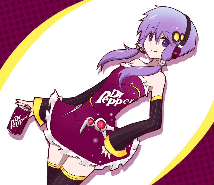 1girl adapted_costume bare_shoulders black_sleeves black_thighhighs border breasts can closed_mouth commentary_request cowboy_shot detached_sleeves dr_pepper dress drink_can drop_shadow dutch_angle food-themed_clothes hair_ornament headset highres hip_gear holding holding_can kakihito_shirazu long_hair oval_background pinstripe_legwear pinstripe_pattern product_girl purple_border purple_dress purple_eyes purple_hair ribbed_dress short_dress short_hair_with_long_locks sidelocks simple_background small_breasts smile soda soda_can solo standing strapless strapless_dress thighhighs vocaloid voiceroid white_background yuzuki_yukari