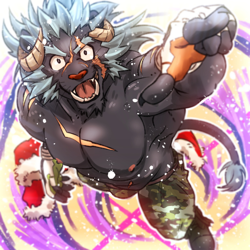 1boy abs bara camouflage camouflage_pants claws commentary_request fangs fingerless_gloves fur-trimmed_jacket fur_trim furry furry_male gloves highres horns jacket krampus_(housamo) male_focus multiple_scars muscular muscular_male niku_nabe nipples open_mouth pants pectorals pointing red_jacket scar scar_across_eye scar_on_chest scar_on_face scar_on_stomach tail tokyo_houkago_summoners topless_male whiskers white_gloves