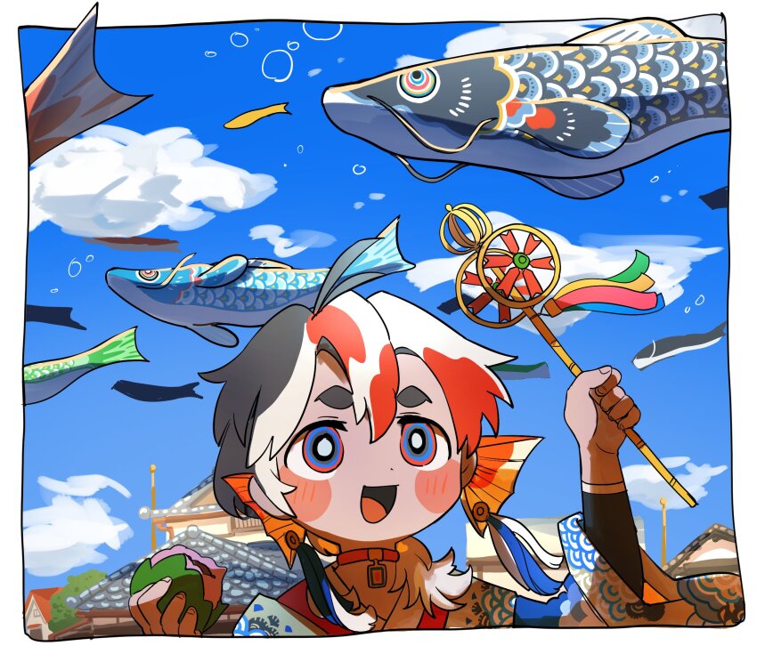 1boy :d air_bubble architecture black_hair blue_eyes blue_sky bright_pupils bubble choker cloud cloudy_sky commentary_request east_asian_architecture fins fish_boy hands_up head_fins highres holding japanese_clothes kashiwa_mochi_(food) kimono kodomo_no_hi koi koinobori long_sleeves male_focus medium_hair mochi multicolored_eyes multicolored_hair open_mouth orange_hair original outdoors red_eyes seigaiha shima_(wansyon144) sky smile solo thick_eyebrows upper_body white_hair white_pupils wide_sleeves windsock