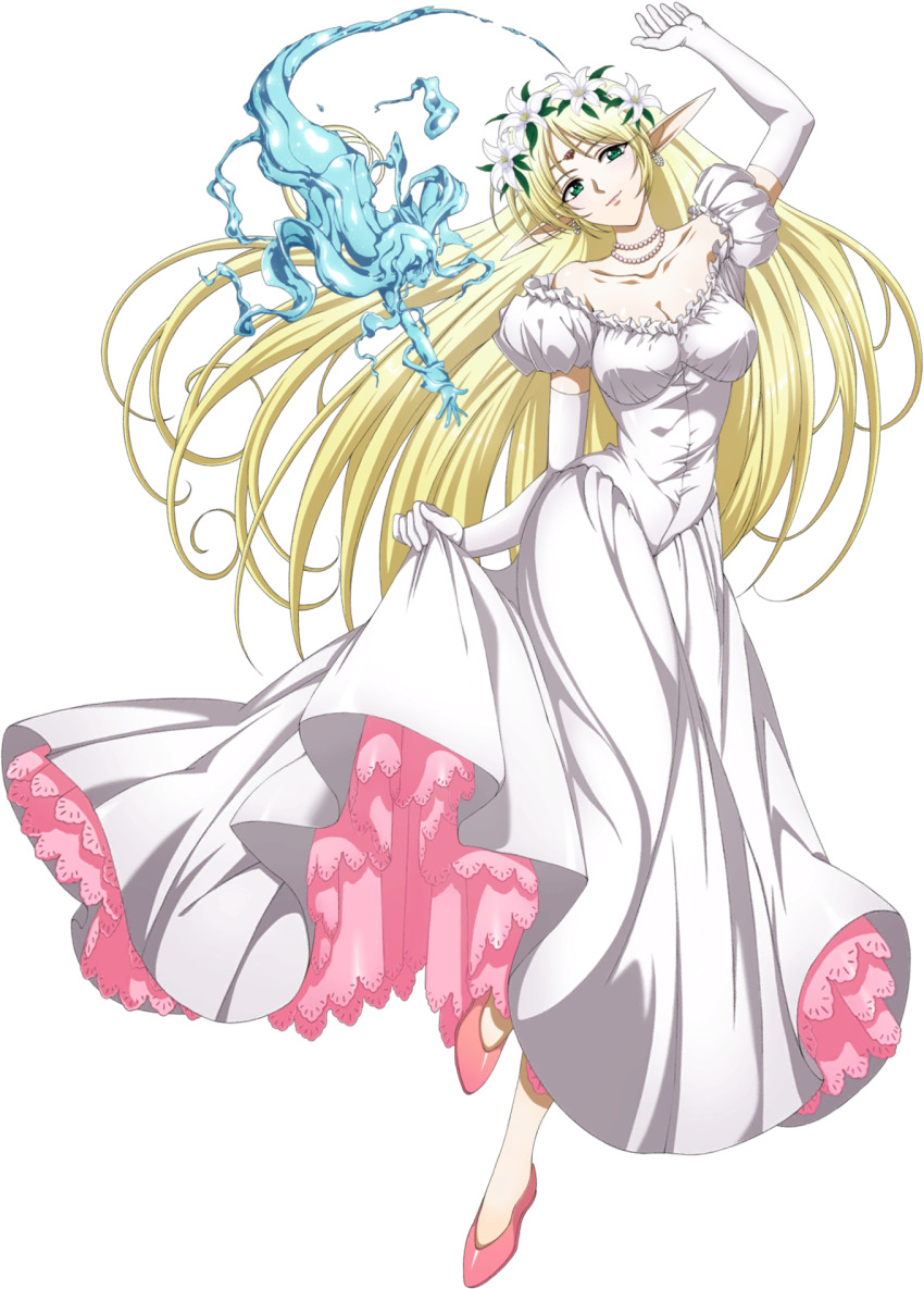 1girl arm_up blonde_hair breasts circlet cleavage closed_mouth collarbone deedlit dress earrings elbow_gloves elf floating_hair full_body gloves green_eyes head_tilt high_heels highres jewelry layered_dress long_dress long_hair looking_at_viewer medium_breasts necklace official_art pink_shoes pointy_ears pumps record_of_lodoss_war shoes short_sleeves skirt_hold smile solo transparent_background undine very_long_hair wedding_dress white_dress white_gloves