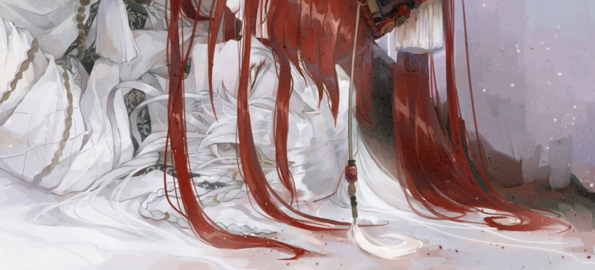 2boys akabane_shinnosuke asymmetrical_bangs boy_on_top chinese_clothes curtained_hair from_side guan_hat hair_spread_out hanfu highres imminent_kiss jinguang_budaixi long_hair looking_at_another lying male_focus multiple_boys on_back out_of_frame parted_bangs parted_hair parted_lips profile qiao_rulai red_hair ribbon royzoe teeth white_hair white_hanfu white_ribbon white_sleeves yaoi yellow_eyes