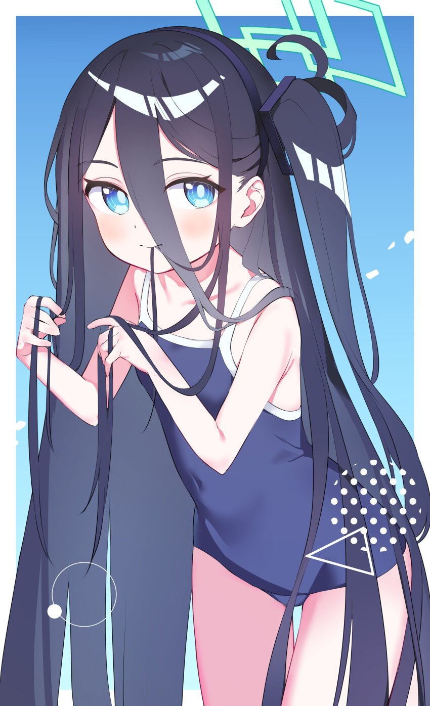 1girl absurdres aris_(blue_archive) bare_shoulders black_hair blue_archive blue_background blue_eyes blue_one-piece_swimsuit blush breasts green_halo hair_between_eyes halo highres long_hair looking_at_viewer one-piece_swimsuit school_swimsuit side_ponytail sidelocks simple_background solo swimsuit tyokosohu very_long_hair